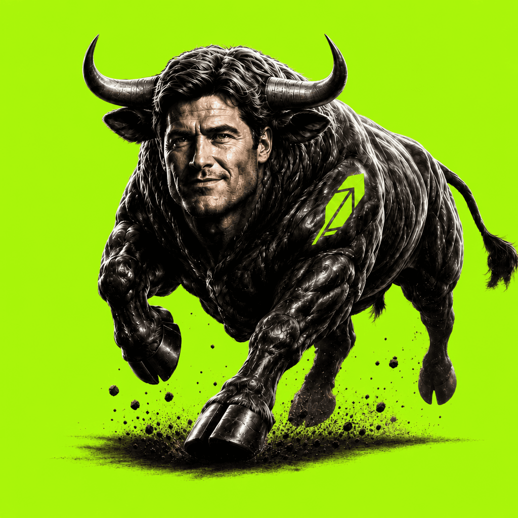Vlad the Chad Bull, a muscular bull with a human Chad face charging into the market